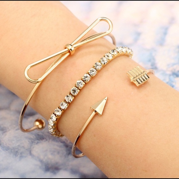 Jewelry - Set of 3 Gold Rhinestone Bow Bracelets